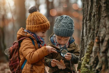 Two warmly dressed young friends enjoy an adventure in the woods, examining a leaf intently with a magnifying glass in the cool sunlight of a crisp day.