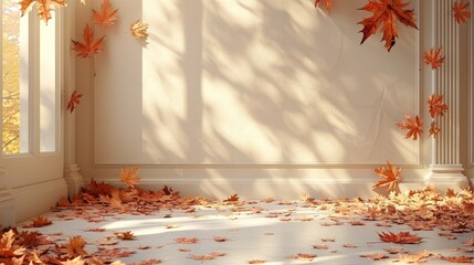 Poster - Autumn background, Studio background display with shadow autumn leaves overlay on Beige floor room, Empty Room and Sunbeam light on wall.