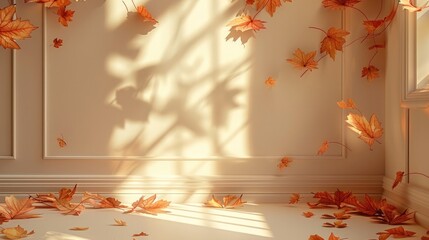 Poster - Autumn background, Studio background display with shadow autumn leaves overlay on Beige floor room, Empty Room and Sunbeam light on wall.