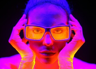 A neon glow portrait of a person wearing oversized glasses, showcasing vibrant colors and striking poses.