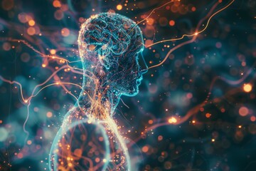 Poster - An abstract representation of a human-like figure with a digital brain and glowing neural connections, symbolizing artificial intelligence and technology.