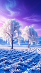 Wall Mural - Frozen winter landscape with snow-covered trees, a clear blue sky, and a distant sun casting long shadows across a snowy field