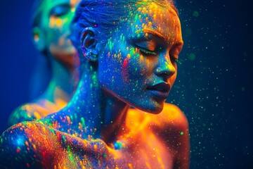 Artistic portrait of a model adorned with vibrant body paint and sparkles, showcasing colorful creativity.