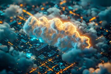 Aufkleber - Abstract depiction of digital clouds intertwined with glowing circuits, suggesting modern technological advancement and the ethereal beauty of data flow.