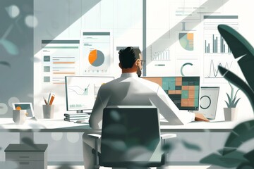 Poster - An individual studying multiple data charts in a bright office setting, symbolizing analytical thinking, business strategy, and decision-making processes.