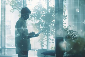 Poster - A silhouette of a man stands using a tablet in a sunlit modern office with digital network illustrations, implying technology and innovation.