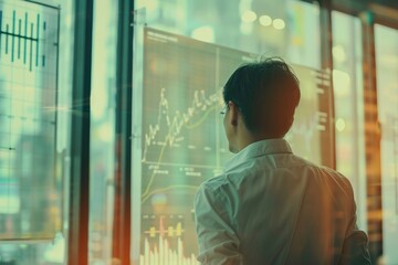 Poster - A man in a business setting reviews complex financial graphs and data on transparent screens, indicating a futuristic approach to stock market analysis.