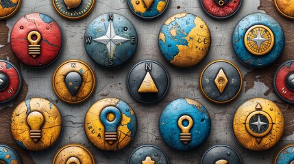 Fototapete - Illustrate a variety of map symbols, such as compasses, map