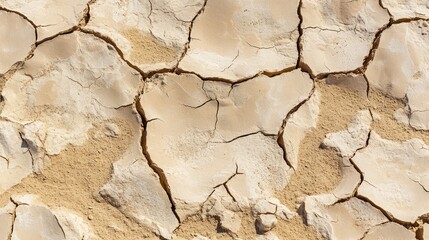 A close-up of cracked dry earth in shades of pale brown and warm beige, highlighting the natural textures and patterns of a desert floor