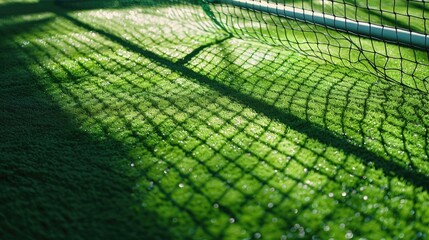 Wall Mural - Tennis court with a net and a shadow on the ground. The shadow is on the grass and it is a sunny day