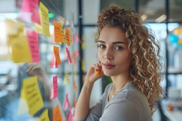 Poster - A professional woman with curly hair arranges colorful sticky notes on a glass wall, emphasizing creativity and brainstorming in an office setting.