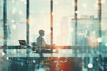 Poster - A silhouette of an individual sits at a desk in a sleek, modern office space, with a cityscape view and digital overlays representing technological themes.