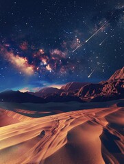 Wall Mural - desert landscape with a sky full of stars and a trail of shooting stars. the scene is peaceful and s