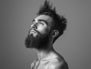 Man with a beard and messy hair is looking up at the camera. The image has a moody and somewhat mysterious feel to it, as the man's facial hair and unkempt hair give him a rugged