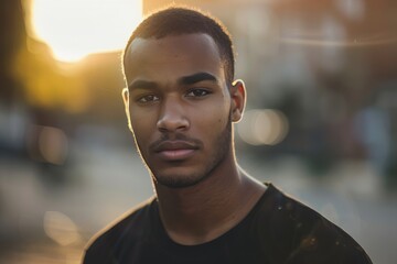 a young man with short hair is standing outdoors in casual attire under the dim evening light, gazin