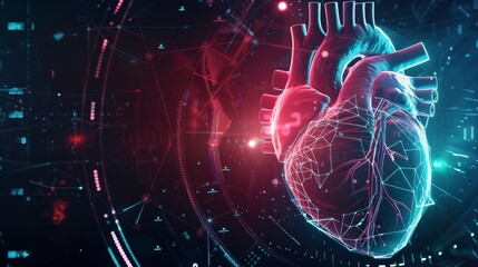 Leinwandbilder - A dynamic visualization of a heart with animated digital elements representing vital signs, set against a dark, high-tech background