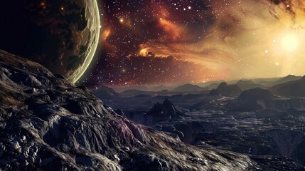 Wall Mural - rocky planet with a large green moon in the background. the sky is filled with stars and the sun is 