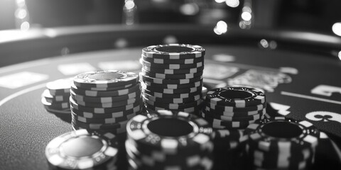 Pile of poker chips on a table. The chips are black and white. The chips are stacked on top of each other