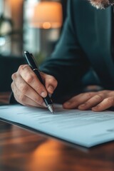 Man is writing on a piece of paper with a pen. Concept of formality and professionalism, as the man is dressed in a suit and tie while writing