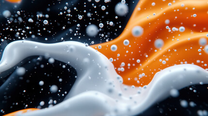 Abstract background with splashes of orange and white, featuring dynamic fluid shapes and bubbles, creating vibrant and energetic visual experience