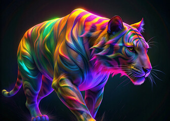  Image of abstract tiger, made in the form of bright neon-colored object with smooth, soft shapes.