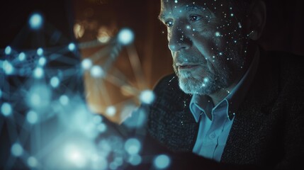 Man is looking at a computer screen with a blue light surrounding him. Concept of wonder and curiosity as the man stares at the glowing blue light