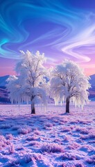 Wall Mural - Winter wonderland: a serene landscape of snow-kissed trees and a frozen road stretching towards a distant horizon