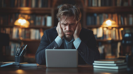 Exhausted businessman working with laptop at office. Tired man sitting at office desk working on laptop computer