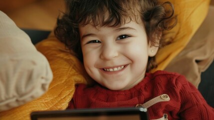 Wall Mural - Young child is smiling and holding a tablet. The child is wearing a red sweater and is laying on a couch