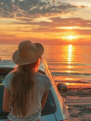 Canvas Print - Woman with long hair is sitting in a car and looking out at the ocean. The sun is setting, creating a beautiful and serene atmosphere