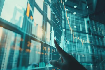 Poster - Hands interact with a futuristic touchscreen, analyzing financial trends and data in a bright office, symbolizing cutting-edge technology in modern business.