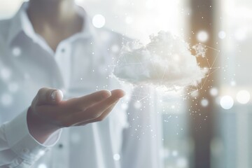 Poster - A person in a white shirt poses with a digital cloud interface, symbolizing modern technology and digital innovation, with a futuristic and abstract background.