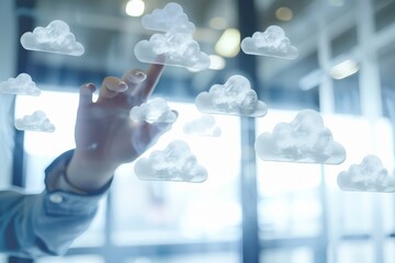 Poster - A hand interacts with multiple cloud icons on a digital interface in a modern glass building, emphasizing connectivity and collaborative business solution concepts.