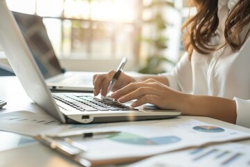 Poster - A focused woman types on a laptop, surrounded by documents and charts, highlighting productivity and the modern work environment in digital business.