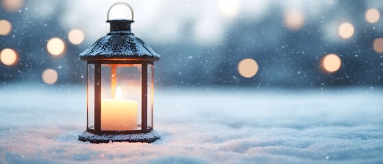 Poster - Lantern with Candle in Snowy Winter Scene