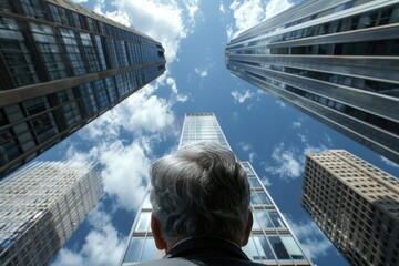 Man with a gray head looking up at the sky. The sky is blue with clouds