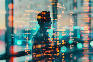 Poster - A person is encased in vibrant digital data elements, highlighting the flow of information and integration of technology in everyday environments.