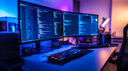 Poster - two computer monitors displaying coding activities in a dimly lit workspace with blue lighting at ni