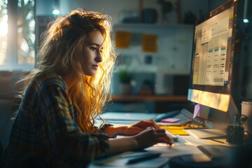 Poster - a young woman with long hair works intently at her computer in a modern, well-lit space, embodying t
