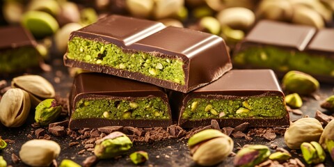 Indulge in luxurious Dubai chocolate bars filled with green pistachio paste, surrounded by crunchy pistachios for a gourmet nutty experience