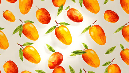 Wall Mural - Seamless pattern with watercolor mango fruits isolated with white highlights, png