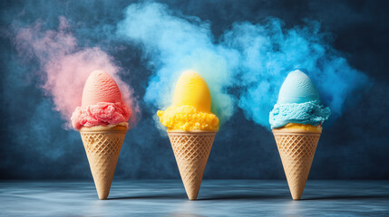 Ice Cream Cones with Colorful Smoke Effect on Dark Background.