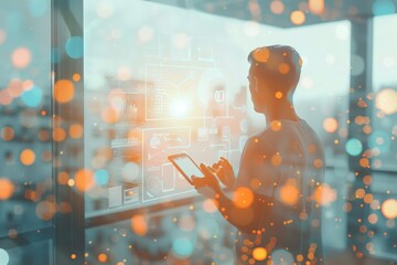 Poster - A man engages with a futuristic user interface in a spacious room, touching a digital screen surrounded by dynamic data visuals, all set in ambient lighting conditions.