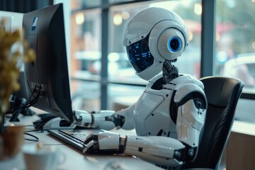 Poster - A humanoid robot complete with digital display sits at a desk, typing on a computer, embodying the intersection of technology and everyday workplace environments.