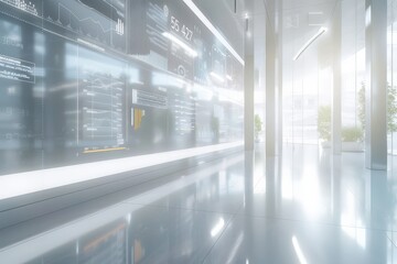 Poster - A futuristic, bright corridor featuring digital walls displaying vast amounts of data, combining minimalistic design with advanced technological elements.