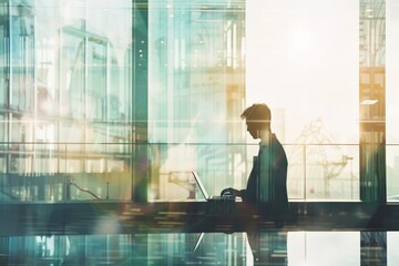 Poster - A silhouette of a person typing on a laptop in a sleek, modern office with large glass windows and reflections of urban architecture in the background.