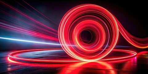 Abstract Double Exposure Photography with Glowing Red Twirl Lines and Curved Light Effects in a Round Frame for Creative Backgrounds