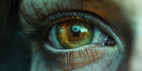 Poster - A striking closeup capture of a human eye set against a vibrant green tech backdrop, which vividly embodies themes such as cyber security, advancing technology, and intricate digital networks