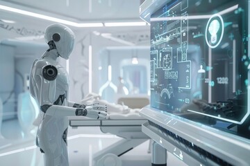 Poster - A robotic figure interacts with advanced medical display screens, showcasing futuristic technology and patient care in a modern medical facility.