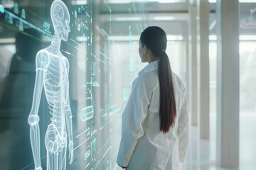 Poster - A scientist observes a digital display of a human skeleton, representing innovation and technological advancement in medical research and diagnostics.